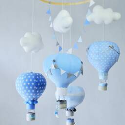Baby Blue Hot Air Balloon Mobile, Clouds Nursery Decor - thumbnail 4