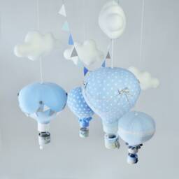 Baby Blue Hot Air Balloon Mobile, Clouds Nursery Decor - thumbnail 3