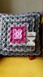 Hand Crochet Pillow Cover Gray & Pink Decorative Knit Pillowcase - thumbnail 1