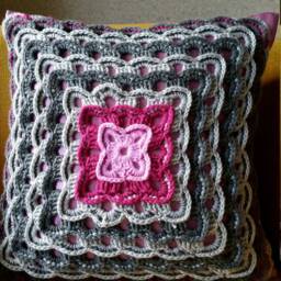Hand Crochet Pillow Cover Gray & Pink Decorative Knit Pillowcase - thumbnail 2