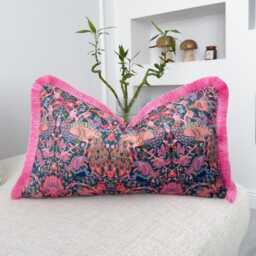 William Morris Fringed Cushion Cover Mid Century Pillow Pink Fringe Lumbar - Any Custom Size - thumbnail 2