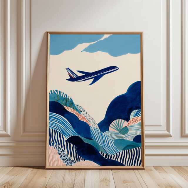 Abstract Airplane Poster - Blue Landscape Travel Illustration Modern Aviation Wall Art - image 1