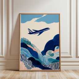 Abstract Airplane Poster - Blue Landscape Travel Illustration Modern Aviation Wall Art - thumbnail 1