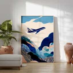 Abstract Airplane Poster - Blue Landscape Travel Illustration Modern Aviation Wall Art - thumbnail 3