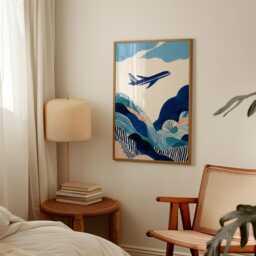 Abstract Airplane Poster - Blue Landscape Travel Illustration Modern Aviation Wall Art - thumbnail 2