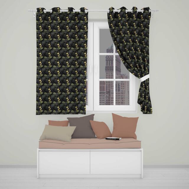 Golden Swan Dark Leaves Floral Night Seamless Pattern Readymade Eyelet Ring Top Thermal 100% Blackout Curtains - image 1