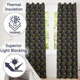 Golden Swan Dark Leaves Floral Night Seamless Pattern Readymade Eyelet Ring Top Thermal 100% Blackout Curtains - thumbnail 3