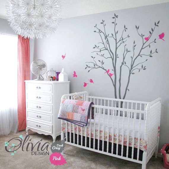 Baby Nursery Tree Wall Decal Large Color Decals Decor Mural Tree Shape Kids Room Decoration Pink Birds Sticker - Nt026 - image 1