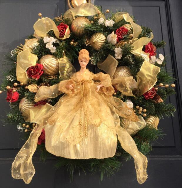 Christmas Wreath Holiday Front Door Decoration Pine Angel Gold White Burgundy Floral Ornaments Ribbons - image 1