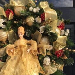 Christmas Wreath Holiday Front Door Decoration Pine Angel Gold White Burgundy Floral Ornaments Ribbons - thumbnail 3