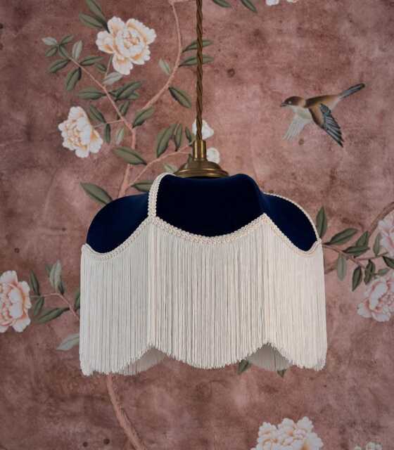 Navy Blue Velvet Lampshade With Ivory Fringe - Art Deco Tassel Light - image 1