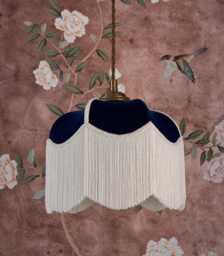 Navy Blue Velvet Lampshade With Ivory Fringe - Art Deco Tassel Light