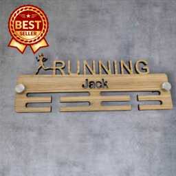 Running Lady Medal Hanger - Wood Colours, Custom Name & Colour