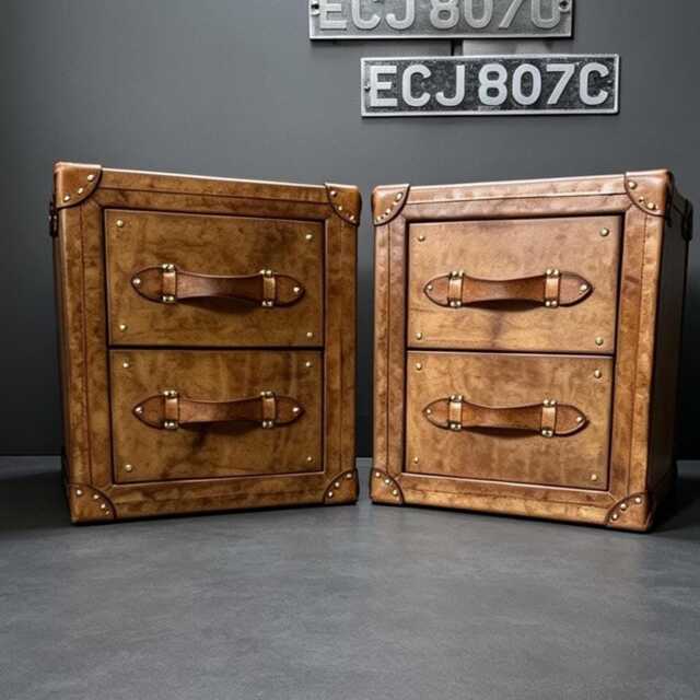 Honey Tan Leather Trunk Nightstands Pair, Oak, Soft Close, Handmade in England - image 1