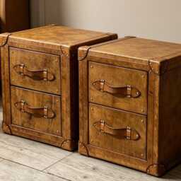 Honey Tan Leather Trunk Nightstands Pair, Oak, Soft Close, Handmade in England - thumbnail 3