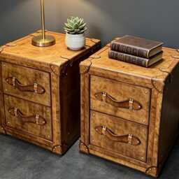 Honey Tan Leather Trunk Nightstands Pair, Oak, Soft Close, Handmade in England - thumbnail 2