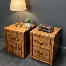 Honey Tan Leather Trunk Nightstands Pair, Oak, Soft Close, Handmade in England - thumbnail 4