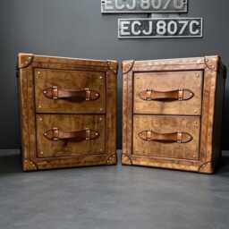 Honey Tan Bedside Drawer Storage Trunk Cabinet Pair Handmade in England Luxury Leather Nightstand Oak Bedroom Furniture Soft Close Runners