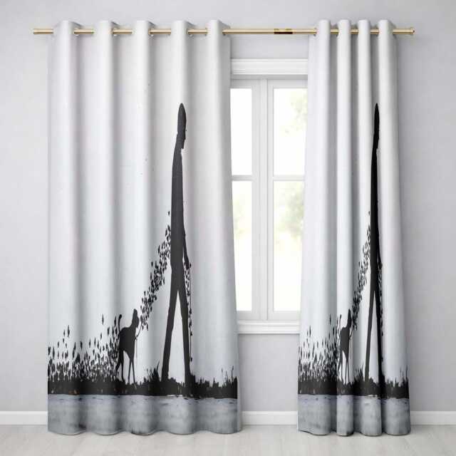 Man Walking Dog Butterfly Trail Minimalist Art Contemporary Design For Home Decor Readymade Eyelet Ring Top Thermal 100% Blackout Curtains - image 1