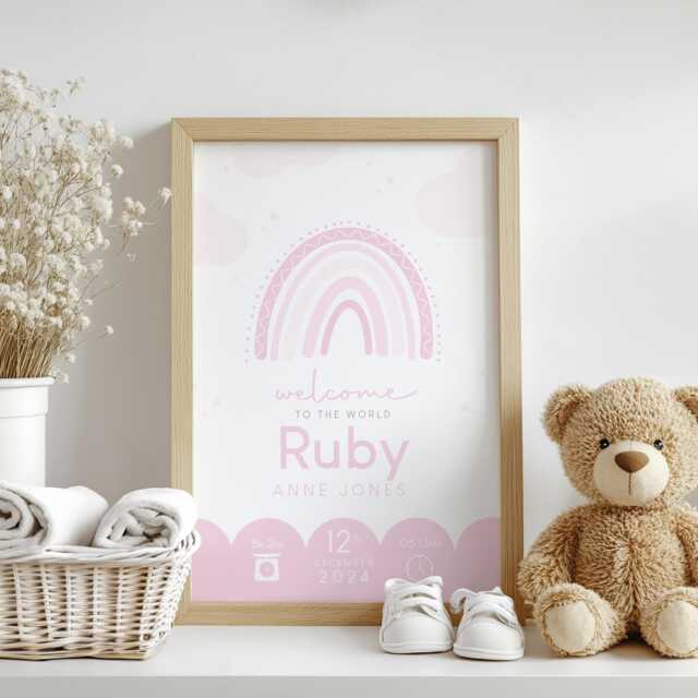 Rainbow Pink Birth Print, Details, Poster, New Baby Girl Gift, Name Sentimental, Nursery A4 A3 Wall Art - image 1
