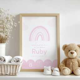 Rainbow Pink Birth Print, Details, Poster, New Baby Girl Gift, Name Sentimental, Nursery A4 A3 Wall Art - thumbnail 1