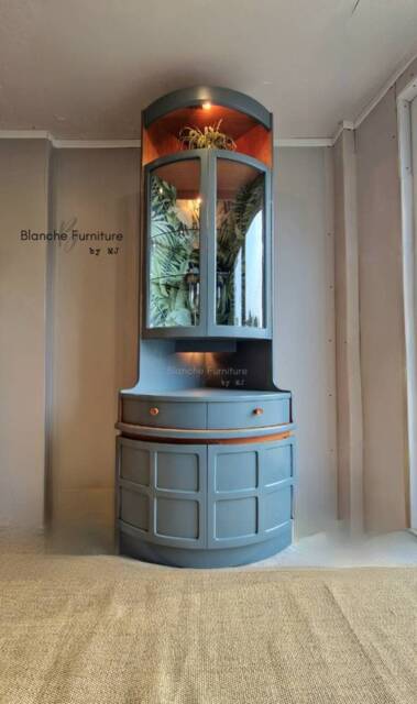 Tall Mid Century Modern Nathan Corner Drinks Cabinet - Soapstone Grey, Botanical Lined Bar Unit - image 1