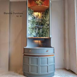 Tall Mid Century Modern Nathan Corner Drinks Cabinet - Soapstone Grey, Botanical Lined Bar Unit - thumbnail 2