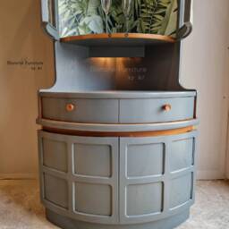 Tall Mid Century Modern Nathan Corner Drinks Cabinet - Soapstone Grey, Botanical Lined Bar Unit - thumbnail 3