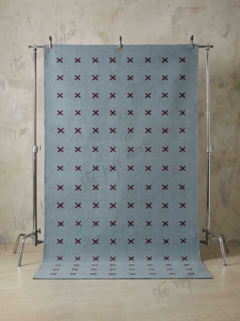 Hand Woven Flatweave Wool Rug Light Blue Area With Burgundy X Stitch Pattern For Living Room, Bedroom Dining Room Office & Nursery - image 1