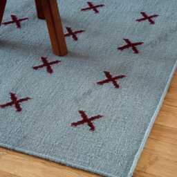 Hand Woven Flatweave Wool Rug Light Blue Area With Burgundy X Stitch Pattern For Living Room, Bedroom Dining Room Office & Nursery - thumbnail 2