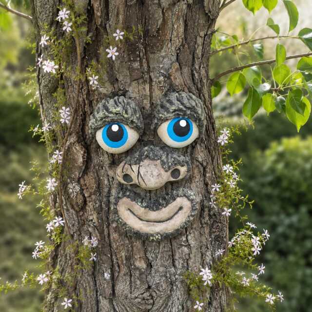 Tree Face Garden Decor With Bright Blue Eyes, Outdoor Hugger, Fairy Face, Whimsical Yard Art, Spirit Gift - image 1