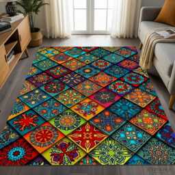 Colorful Moroccan Tile Area Rug Washable Bohemian Carpet