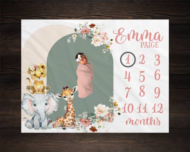 Safari Milestone Blanket, Baby Month Girl Blanket Track Growth Keepsake Shower Gift Roses Floral - image 1
