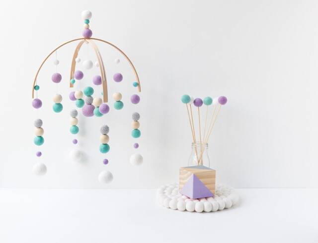 Aqua & Lilac Baby Mobile - Girl Felt Pom Crib Mermaid Sea Purple Nursery Cot Minimalist Ceiling Decoration - image 1
