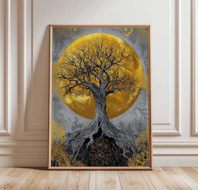 Tree Of Life Poster, Bohemian Spiritual Wall Art, Gold & Navy Sacred Print, Mystical Nature Illustration, Psychedelic Home Decor - image 1