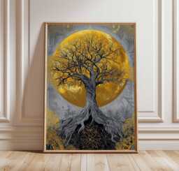Tree Of Life Poster, Bohemian Spiritual Wall Art, Gold & Navy Sacred Print, Mystical Nature Illustration, Psychedelic Home Decor - thumbnail 1