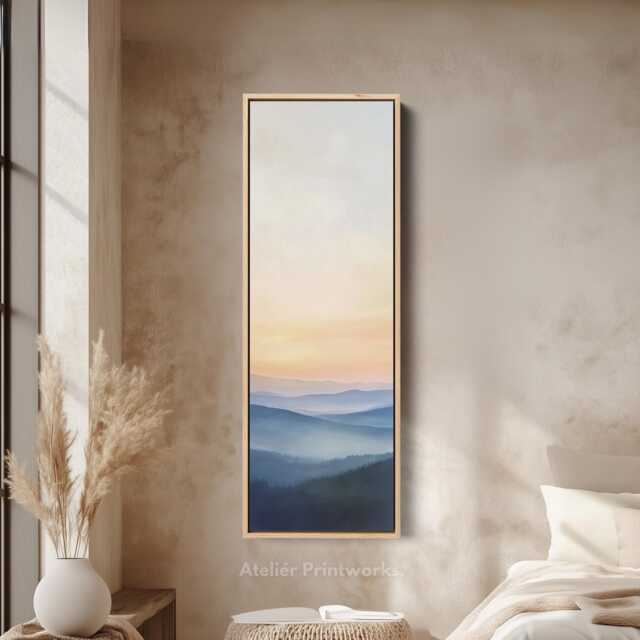 Long Sunset Landscape Vertical Canvas Wall Art in Blue & Orange - Tall Tranquil D??cor For Bedroom Or Living Room - image 1