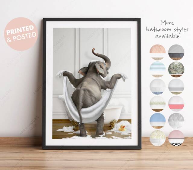 Elephant Drying With A Towel in Bathroom Print, Bathing, Funny Bath Animal Bathtub, Tub - image 1