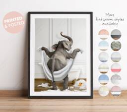 Elephant Drying With A Towel in Bathroom Print, Bathing, Funny Bath Animal Bathtub, Tub - thumbnail 1
