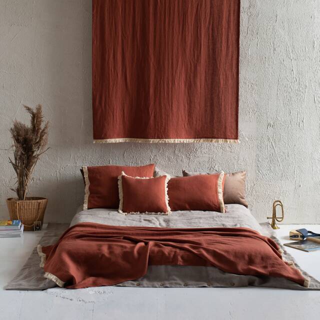 Fringe Linen Throw Blanket, Brush Blankets, Burnt Orange Throws, Natural Bedroom Decor - image 1