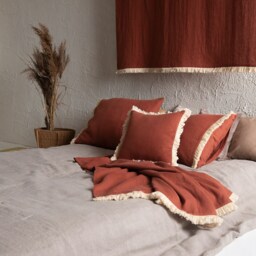 Fringe Linen Throw Blanket, Brush Blankets, Burnt Orange Throws, Natural Bedroom Decor - thumbnail 3
