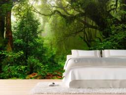 Dark Green Mystical Foggy Forest Regular Or Removable Wallpaper Nature Landscape Trees Wood Photo Mural For Living Room, Bedroom Wall Decor - thumbnail 1
