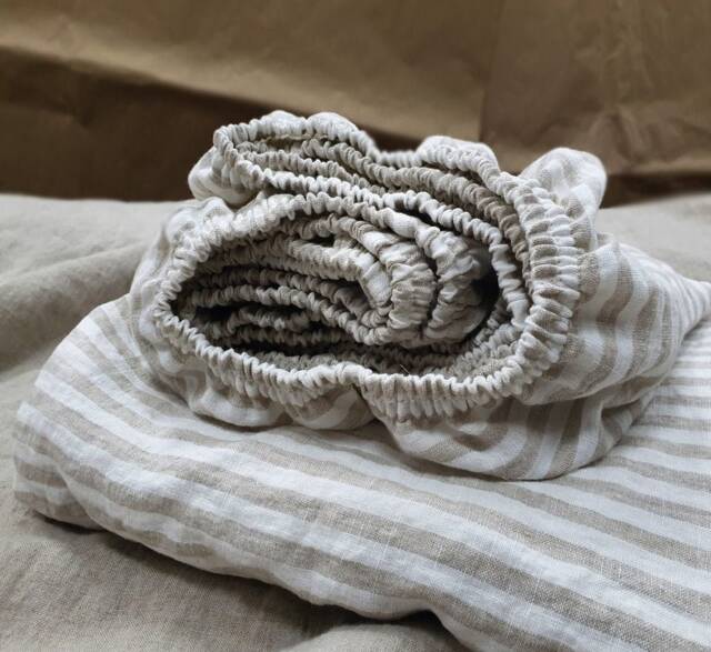 Natural Striped Linen Fitted Sheets - Deep Pocket Fitted Sheets From Soft Twin Full Queen King Cal Custom - image 1