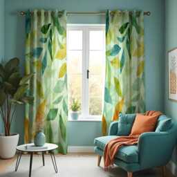 Green Leaf Print Curtains, Watercolor Botanical Drapes With Yellow & Teal Accents, Custom Made To Measure Curtains - thumbnail 2