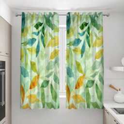 Green Leaf Print Curtains, Watercolor Botanical Drapes With Yellow & Teal Accents, Custom Made To Measure Curtains - thumbnail 3