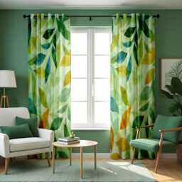 Green Leaf Print Curtains, Watercolor Botanical Drapes With Yellow & Teal Accents, Custom Made To Measure Curtains