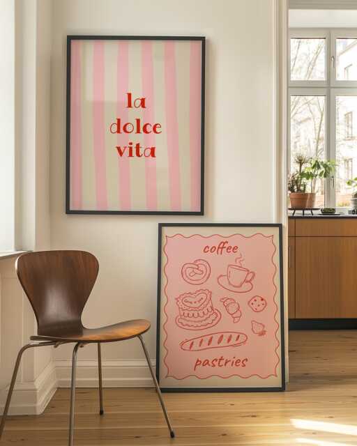 Set Of 2 La Dolce Vita - Kitchen Wall Art Dining Room Posters Stripy Pink Prints - image 1