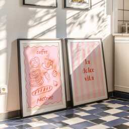 Set Of 2 La Dolce Vita - Kitchen Wall Art Dining Room Posters Stripy Pink Prints - thumbnail 3