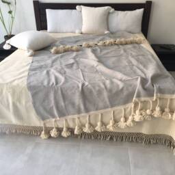 Super Tassel Blanket, Light Gray Cotton Throw With Braided Tassels Loomed By Hand For Eclectic Bohemian & Berber Decoration