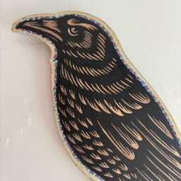 Raven & Skull Mixed Media Wall Art - Linocut On Wood Cutout Original - thumbnail 2